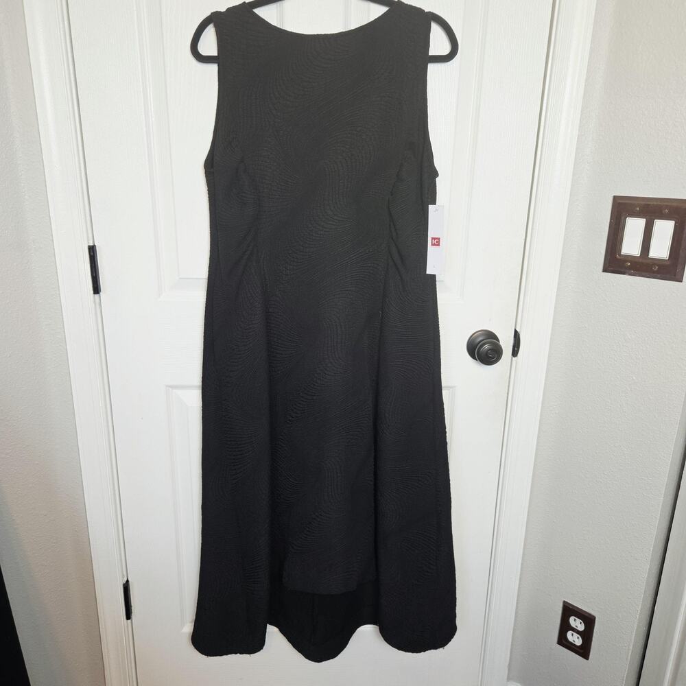 IC Collection Dress L Black Textured Maxi Sleeveless Zip Pockets Hi Lo Stretch